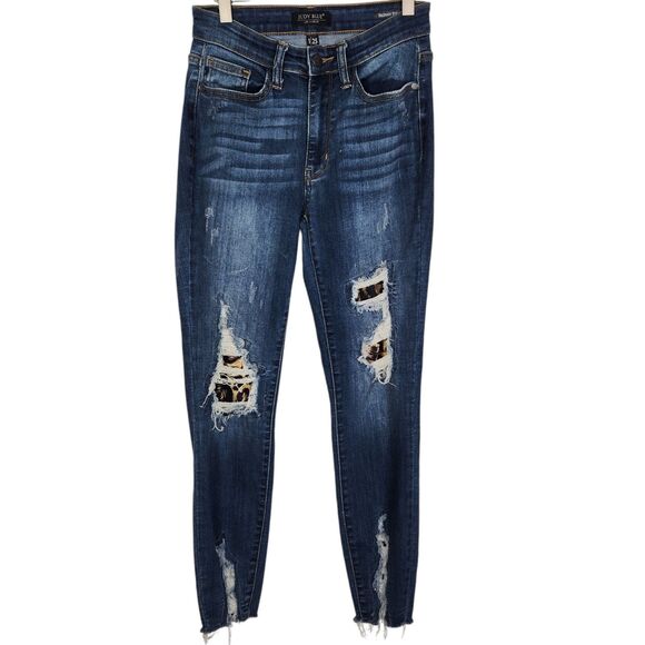JUDY BLUE Jeans Womens 1 25 Dark Blue Leopard Patch Skinny Fit Denim Distressed - Picture 1 of 8